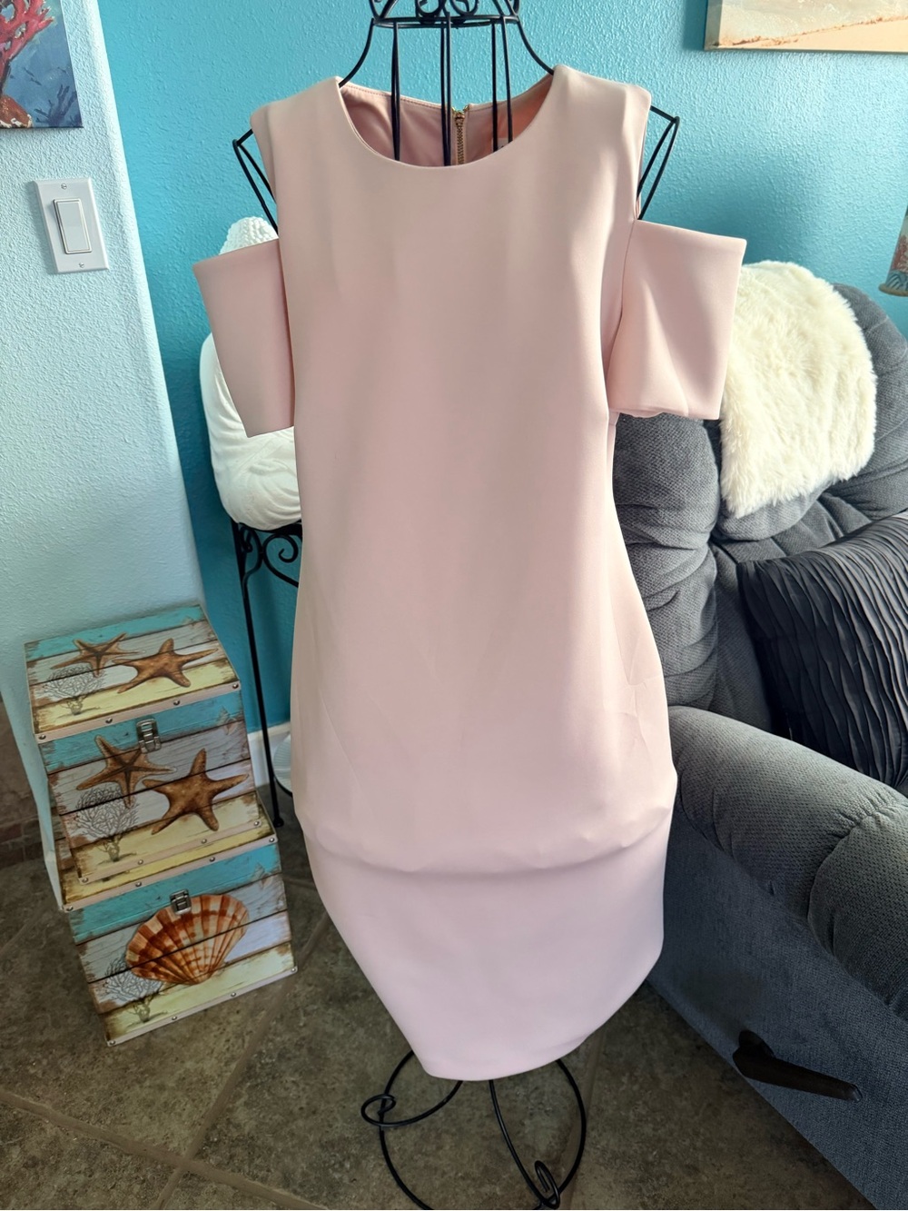 Calvin Klein Blush Pink Cold-Shoulder Midi Sheath Dress
